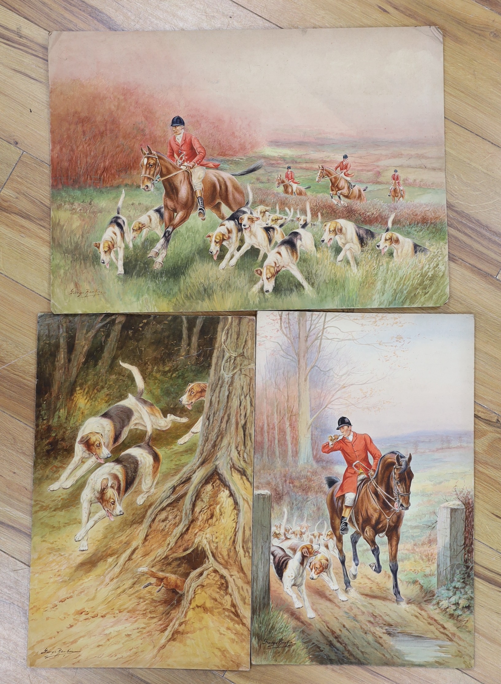 George Rankin (1864-1937), three watercolours, Hunting scenes, signed, largest 38 x 54cm, unframed